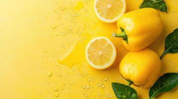 Fresh yellow bell peppers and lemons arranged on a vibrant yellow background with droplets of water photo