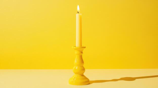 Bright yellow candle in a vibrant setting casting warm shadows on a simple table photo