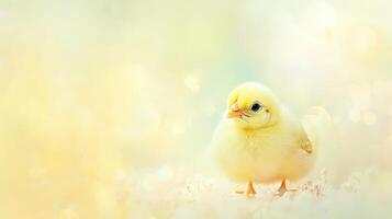 Cute yellow chick stands alone against a soft, pastel background, highlighting its fluffy feathers and curious gaze photo