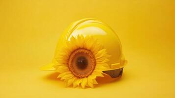 Bright yellow hard hat with sunflower on yellow background creating a cheerful, vibrant contrast in a creative display photo