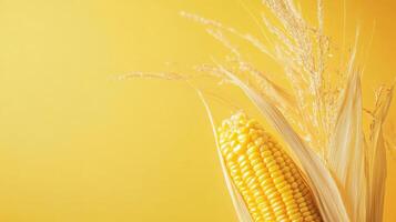 Vibrant close-up of a golden corn cob with dried grasses against a sunny yellow background photo