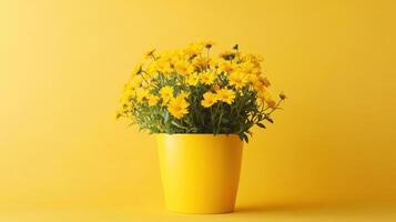 Bright yellow flowers in a colorful pot against a vivid yellow backdrop create a cheerful atmosphere indoors photo