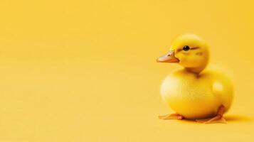 Bright yellow duckling sits on a vibrant yellow background during a sunny day photo