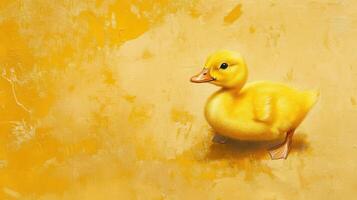 Playful yellow duckling waddling on a yellow textured background during a sunny day photo