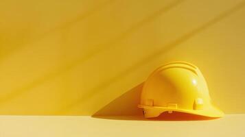 Bright yellow hard hat rests against a minimalistic yellow wall, showcasing safety in construction and engineering fields photo