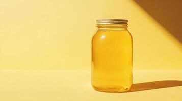 Bright jar of honey placed against a vibrant yellow background, showcasing its golden hue and simple elegance photo