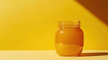 Bright orange jar of juice on a yellow backdrop with soft shadows enhancing reflection photo