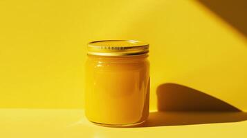 Bright yellow jar filled with vibrant mustard placed against a matching yellow background in soft natural light photo