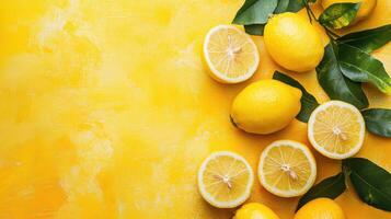 Fresh lemons arranged on a vibrant yellow background with green leaves highlighting natural beauty and freshness photo