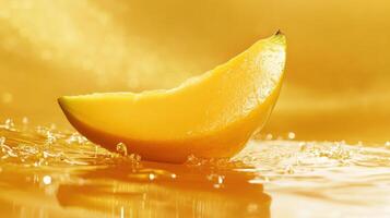 Fresh lemon slice floats on a shimmering surface creating a refreshing golden ambiance photo