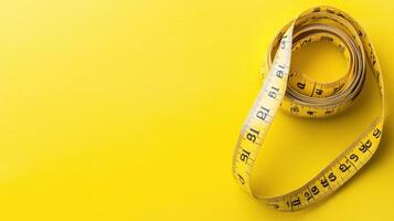 Yellow measuring tape lying on a vibrant yellow background for design and crafting inspiration photo