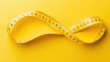 Measuring tape forms a perfect infinity loop on bright yellow background showcasing creativity and design photo