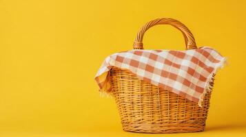 Woven picnic basket with checkered cloth on bright yellow background photo
