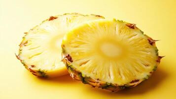 Slices of fresh pineapple on a vibrant yellow background showcasing tropical freshness photo