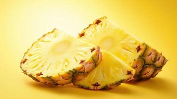 Freshly sliced pineapple pieces against a vibrant yellow background in a bright kitchen setting photo