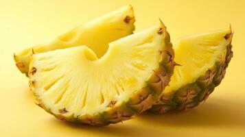 Fresh pineapple slices on a bright yellow background showcasing their juicy texture and vibrant color photo