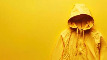 Yellow raincoat hanging against a vibrant yellow wall with a minimalistic design photo