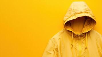 Empty hooded jacket against vibrant yellow backdrop showcasing a minimalist style and bright color contrasts photo