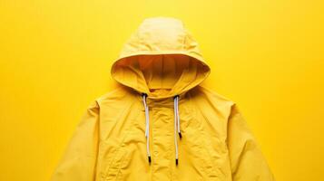 Bright yellow rain jacket displayed against a vibrant yellow background for stylish weather protection photo