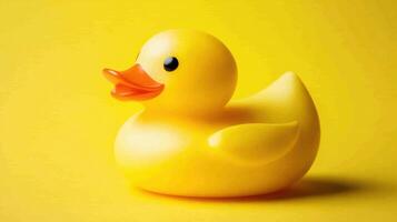Bright yellow rubber duck toy on a vibrant yellow background, showcasing playful design and charm photo