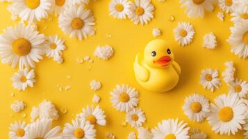 Bright yellow rubber duck surrounded by white daisies on a sunny yellow background photo
