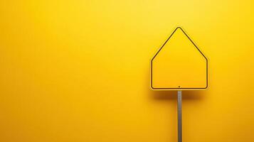 Bright yellow triangular sign against a vibrant yellow wall in a minimalistic urban setting photo