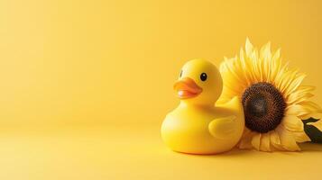 Bright yellow rubber duck beside a sunflower against a cheerful yellow background photo