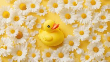 Yellow rubber duck surrounded by white daisies on a bright yellow background creates a cheerful ambiance photo