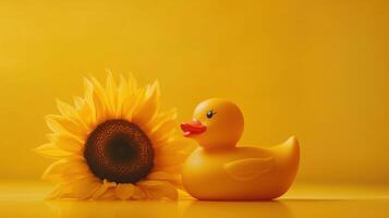 Charming yellow rubber duck beside vibrant sunflower on a sunny background in a playful arrangement photo