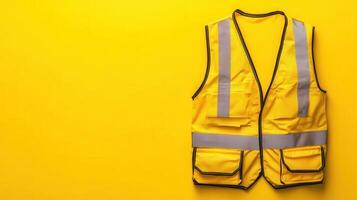 Bright yellow safety vest displayed against a vibrant yellow background for visibility and safety purposes photo
