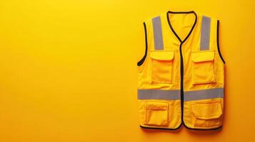 Bright yellow safety vest displayed on a vibrant yellow background, emphasizing visibility and utility in various work environments photo
