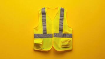 Bright yellow safety vest on a vibrant yellow background, ideal for visibility and protection in various work environments photo