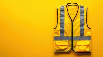 Bright safety vest hanging against a vibrant yellow background for visibility and protection in various settings photo