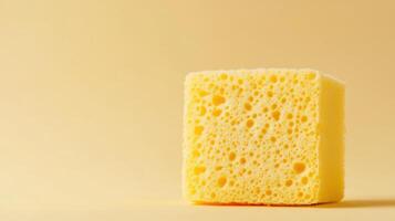 Bright yellow kitchen sponge on a smooth beige background with visible texture and bubbles photo