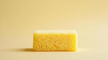 Simple yellow sponge on a muted beige background showcasing its texture and form in clear detail photo