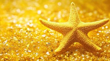 Starfish resting on golden sand illuminated by sunlight at the beach in summer photo