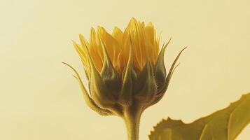 Sunflower bud reaching for sunlight in a serene environment during early morning light photo