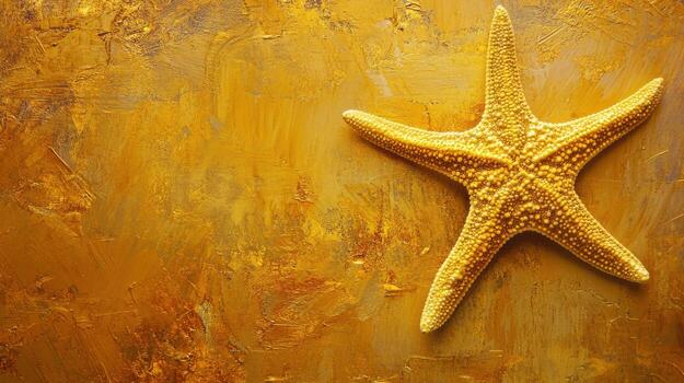 Bright yellow starfish resting on a textured golden background in a coastal setting photo