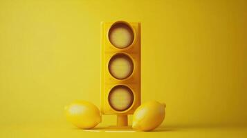 Bright yellow traffic light with lemons on a vivid yellow background creating a playful impression photo