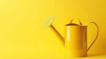 Bright yellow watering can stands out against a vibrant yellow background in a minimalist setting for gardening enthusiasts photo