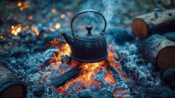 Close-up of a blackened kettle standing on a fire, with steam rising from its spout photo