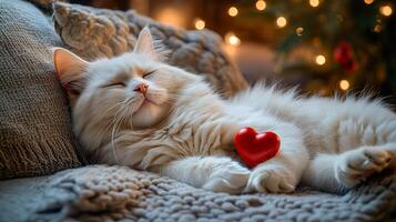 A white cat with soft fur lies on a cozy couch, clutching a small red heart in her paws photo