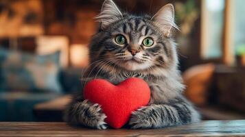 A fluffy gray cat sits on a wooden table holding a red heart in its front paws photo