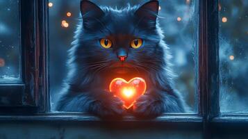 A black cat sits on a windowsill clutching a glowing heart in its paws photo