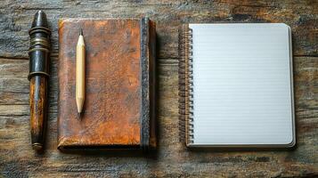 Top-down view of a table with a ballpoint pen, pencil, and notepad spread out on it photo