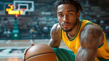 Basketball player in yellow and green jersey and shorts, holding a basketball photo