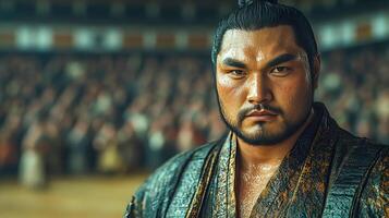 Sumo wrestler in full traditional attire stands in the center of the ring photo