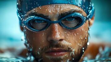 The face of a professional swimmer in goggles and cap coming out of the water photo
