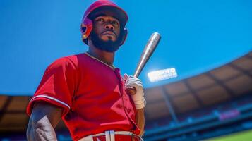 A baseball player in a red jersey and helmet stands on the field with a bat on his shoulder photo