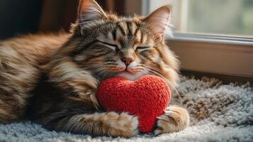 Fluffy ginger cat on a plush rug, front paws holding a red heart-shaped plush toy photo